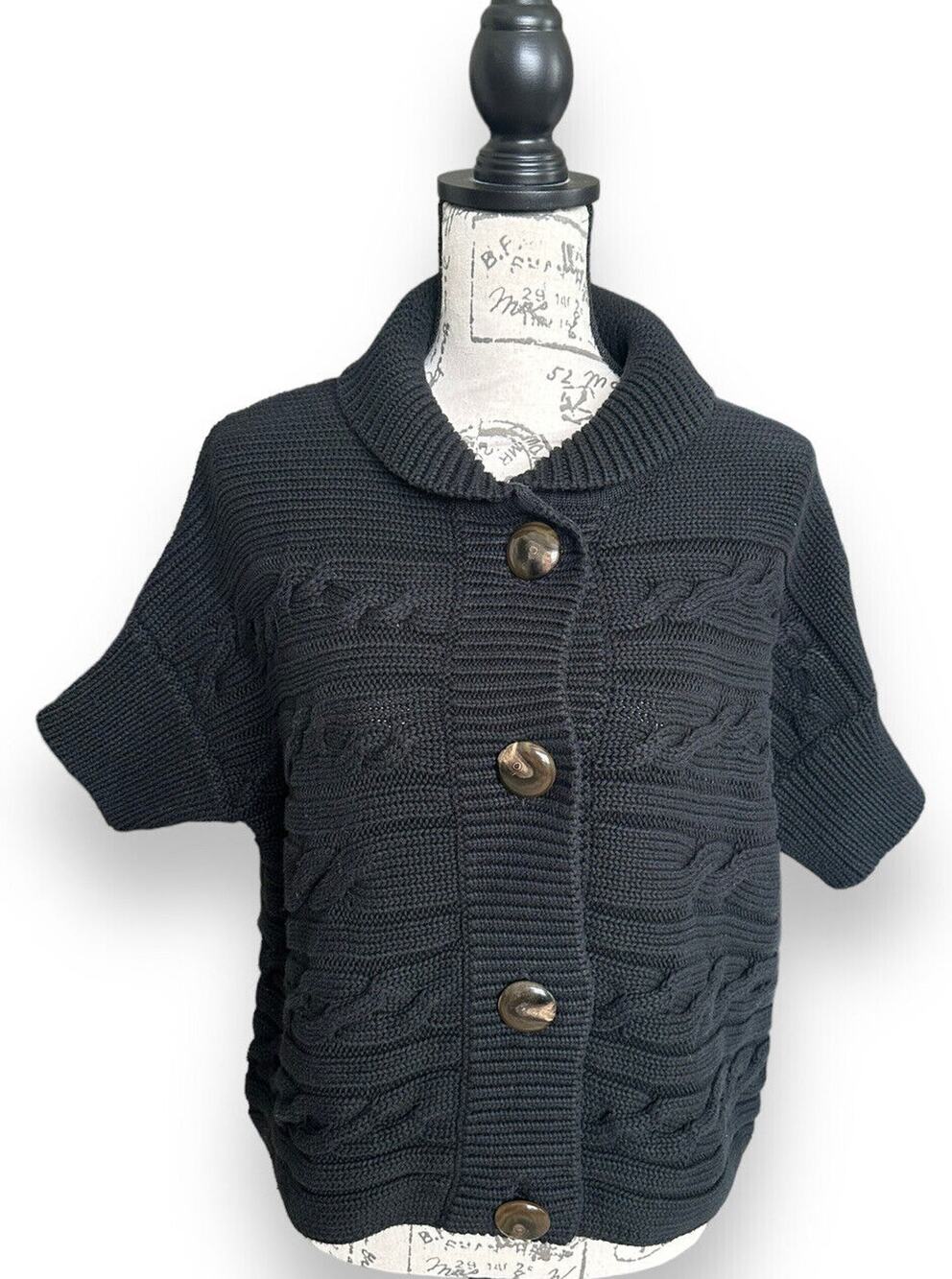Talbots Black Button Chunky Cable Knit Short Dolman Sleeve Sweater XL Petite